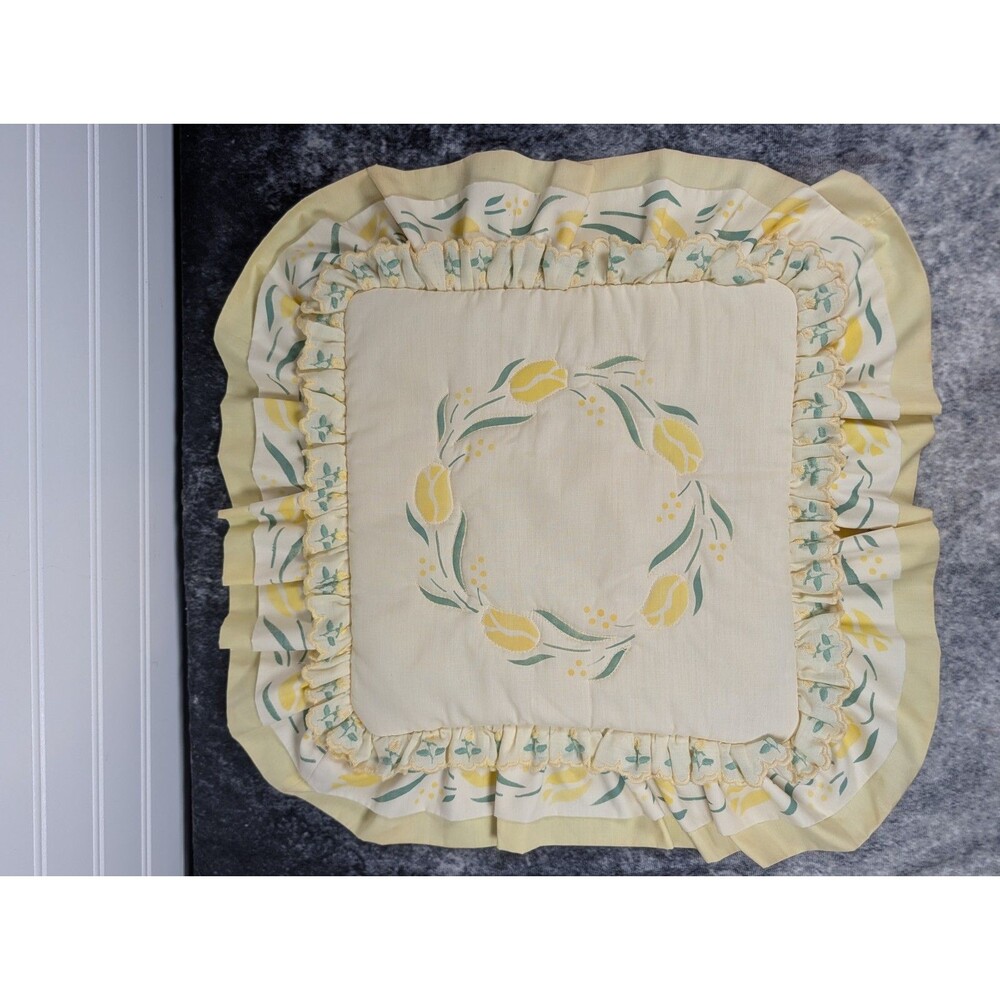 Vtg Hand Quilted 12"  Yellow Tulip Pillow Case Cottagecore Grannycore ShabbyChic